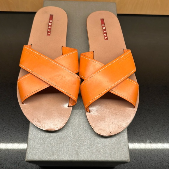 PRADA ORANGE LEATHER SLIDE SANDALS - SIZE 7.5 - Picture 1 of 7